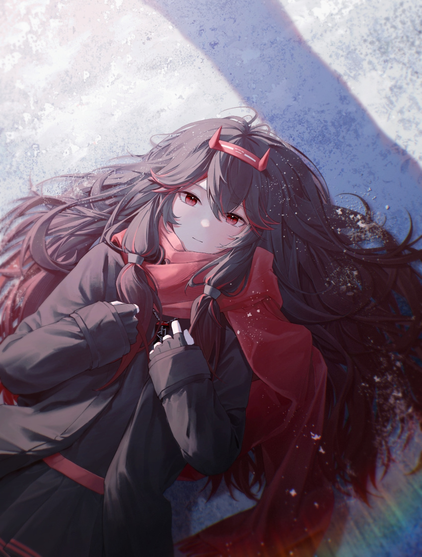 1girl, black_hair, black_jacket, black_skirt, fingerless_gloves, gloves, hair_between_eyes, highres