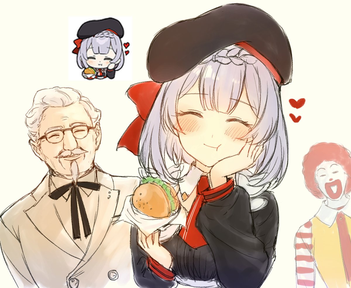 1girl, 2boys, afro, beret, black_headwear, braid, braided_bangs, burger, clown, colonel_sanders, eating, facial_hair, food, genshin_impact, genshin_impact_sticker_redraw_(meme), glasses, grey_hair, hand_on_own_cheek, hand_on_own_face, hat, heart, holding, holding_food, kfc, long_sleeves, mcdonald's, meme, multiple_boys, noelle_(genshin_impact), noelle_(kfc)_(genshin_impact), redhead, ronald_mcdonald, sbs, simple_background, smile, upper_body, yellow_background