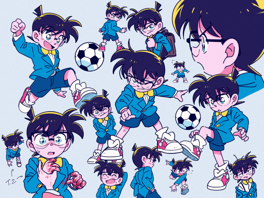 1boy, bleu_calire, blue_eyes, blue_suit, bow, brown_hair, child, commentary, commentary_request, edogawa_conan, formal, glasses, highres, male_child, male_focus, meitantei_conan, one_eye_closed, red_footwear, shorts, simple_background, solo, suit, yellow_bow