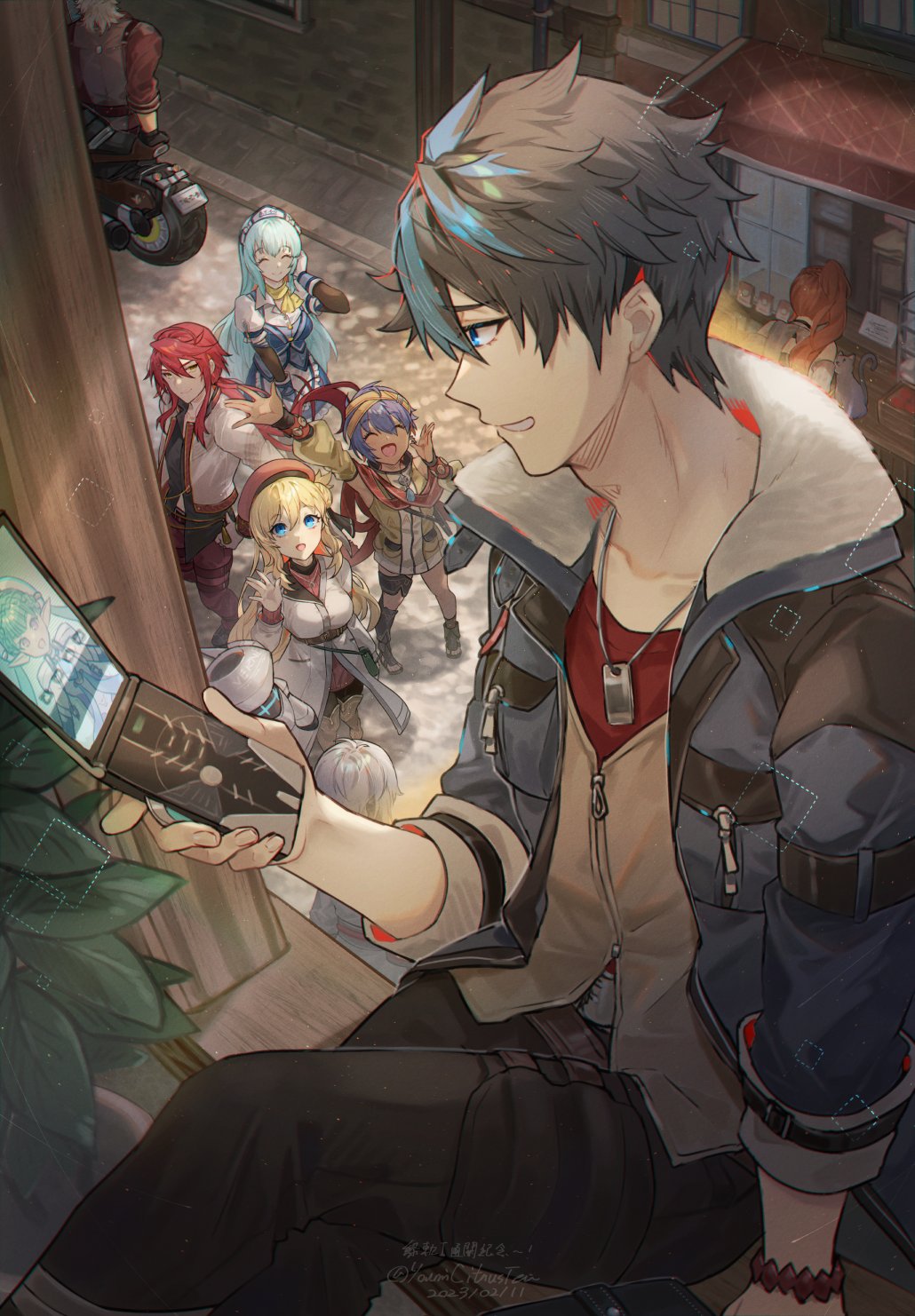 4boys, 4girls, aaron_wei, agnes_claudel, bag, blonde_hair, blue_eyes, blue_hair, boots, closed_eyes, dog, dog_tags, eiyuu_densetsu, ellroy_harwood, feri_al-fayed, gloves, ground_vehicle, highres, jacket, judith_ranster, kuro_no_kiseki, long_hair, market_stall, motor_vehicle, motorcycle, multicolored_hair, multiple_boys, multiple_girls, non-humanoid_robot, ponytail, quatre_salision, redhead, risette_twinings, road, robot, robot_animal, short_hair, sitting, smile, street, two-tone_hair, van_arkride, white_hair, window, xeros_(eiyuu_densetsu), youmicitrustea