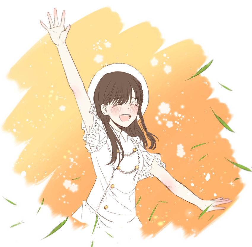 1girl, :d, ^_^, arm_up, bangs, blush, braid, brown_hair, buttons, closed_eyes, dress, frilled_sleeves, frills, idol, inami_anju, jewelry, korean_commentary, long_hair, love_live!, love_live!_sunshine!!, penkae, short_sleeves, simple_background, smile, solo, swept_bangs, upper_body, voice_actor, white_dress, white_headwear