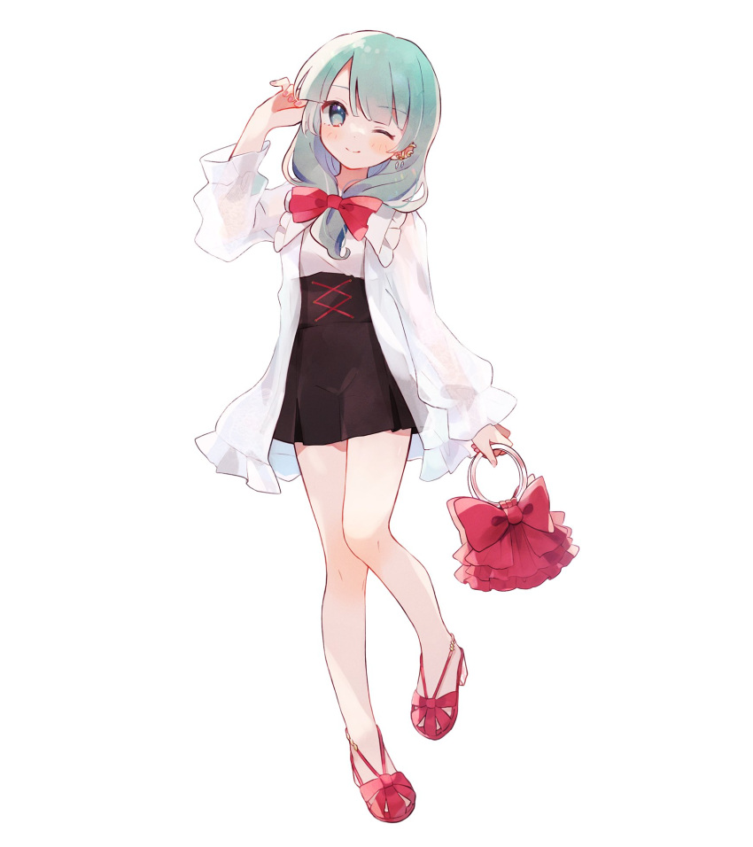 1girl, alternate_costume, bag, bangs, bare_legs, black_skirt, blunt_bangs, blush