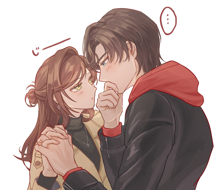 ..., 1boy, 1girl, after_kiss, artem_wing_(tears_of_themis), bangs, bare_shoulders, bel_3001, black_hoodie, black_sweater, blue_eyes, blush, brown_coat, brown_hair, closed_mouth, coat, earrings, green_eyes, half-closed_eyes, highres, holding_hands, hood, hoodie, jewelry, kiss, long_hair, long_sleeves, looking_at_another, looking_at_viewer, necklace, rosa_(tears_of_themis), short_hair, simple_background, sweater, tears_of_themis, turtleneck, turtleneck_sweater, upper_body, white_background