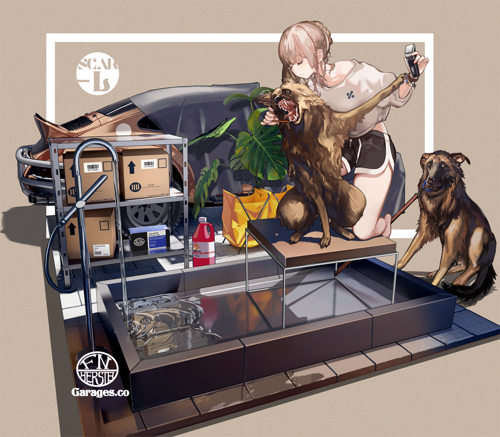 1girl, bangs, brown_hair, car, carton, chinese_commentary, closed_eyes, dog