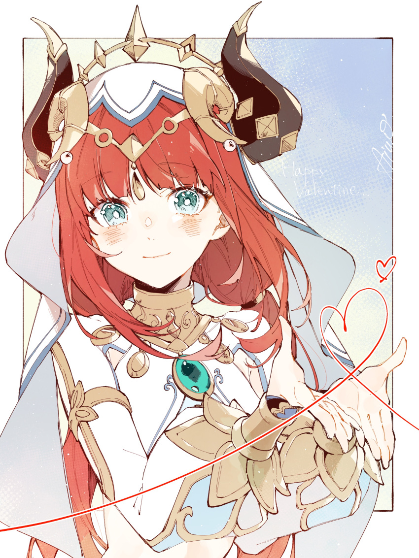 1girl, absurdres, aiwo_o_lite, aqua_eyes, aqua_gemstone, blush, border, bracer, bright_pupils, brooch, closed_mouth, commentary_request, crop_top, detached_sleeves, fake_horns, genshin_impact, happy_valentine, heart, highres, horns, jewelry, long_hair, long_sleeves, looking_at_viewer, low_twintails, neck_ring, nilou_(genshin_impact), outside_border, puffy_long_sleeves, puffy_sleeves, redhead, sidelocks, signature, smile, solo, twintails, upper_body, veil, white_border, white_headwear, white_pupils