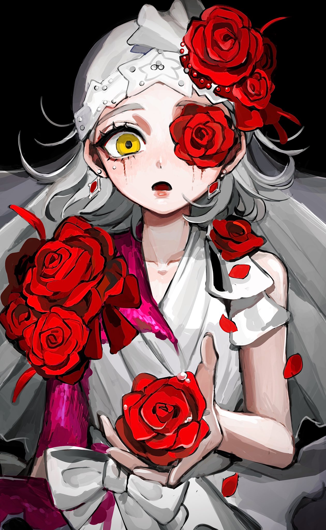 1girl, :o, black_background, blood, blood_on_arm, blood_on_clothes, bow, dew_drop