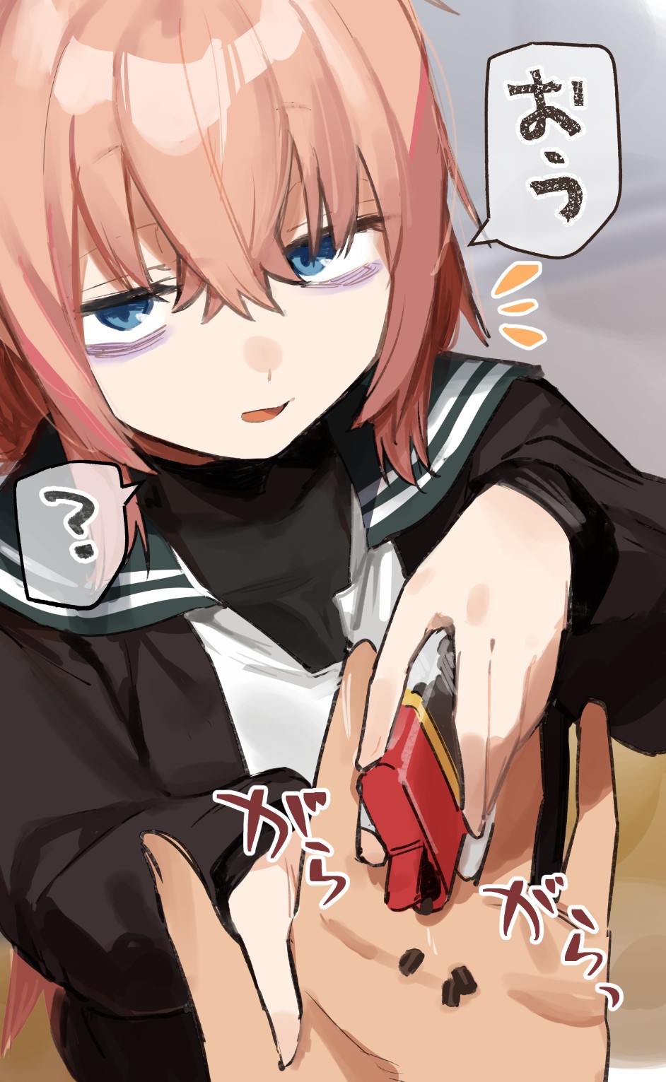 1boy, 1girl, blue_eyes, candy, chocolate, commentary_request, food, hair_between_eyes