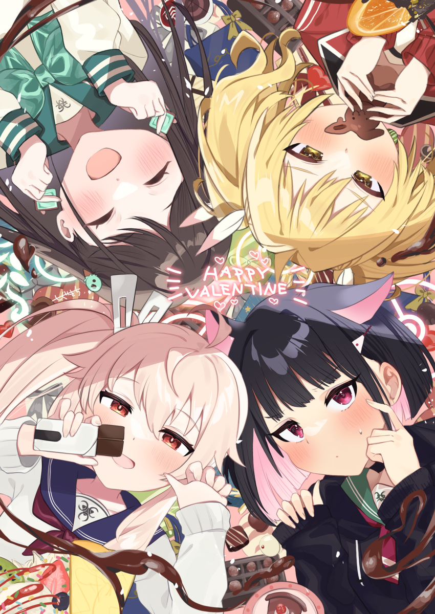 4girls, airi_(blue_archive), animal_ears, black_jacket, blue_archive, blush, chocolate, dessert