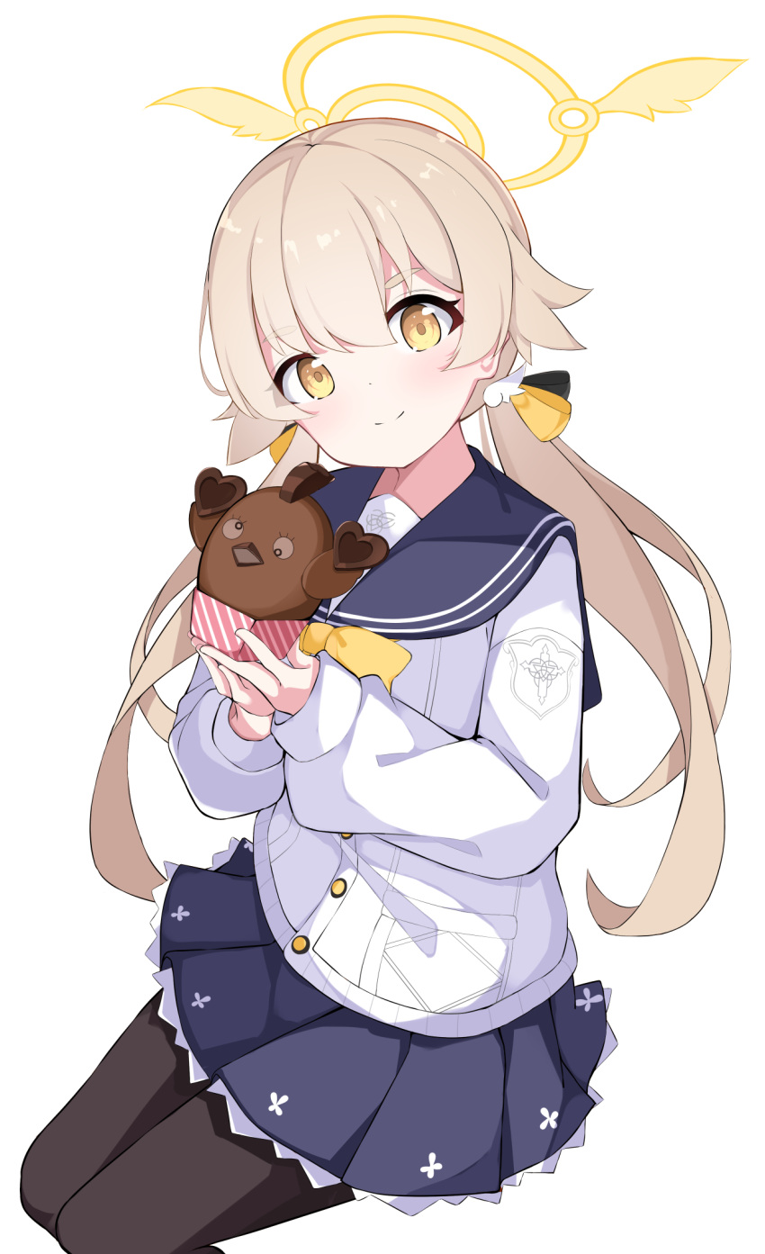 1girl, black_pantyhose, blue_archive, blue_sailor_collar, cardigan, chocolate, food, frilled_skirt