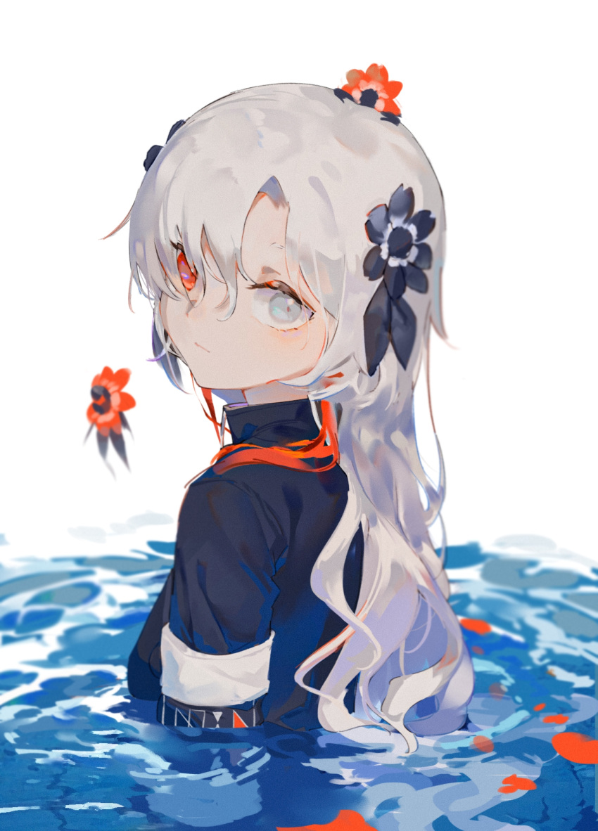 1girl, bangs, black_flower, black_shirt, closed_mouth, commentary, flower, grey_eyes
