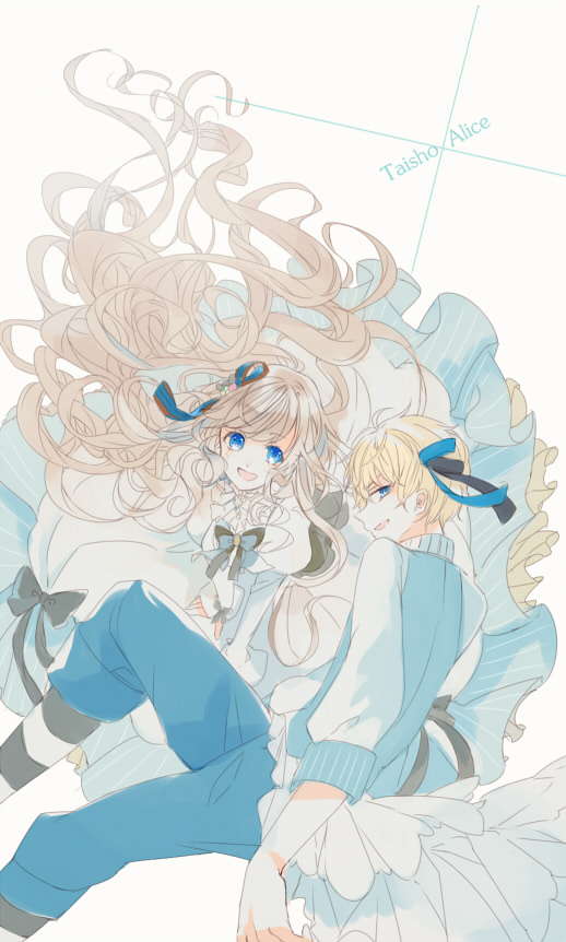 1boy, 1girl, alice_(taishou_x_alice), arisu_yurika, blonde_hair, blue_dress, blue_eyes, blue_vest