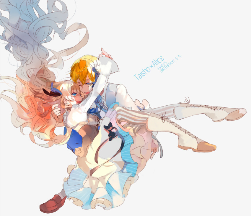 1boy, 1girl, alice_(taishou_x_alice), arisu_yurika, blonde_hair, blue_eyes, carrying, corset