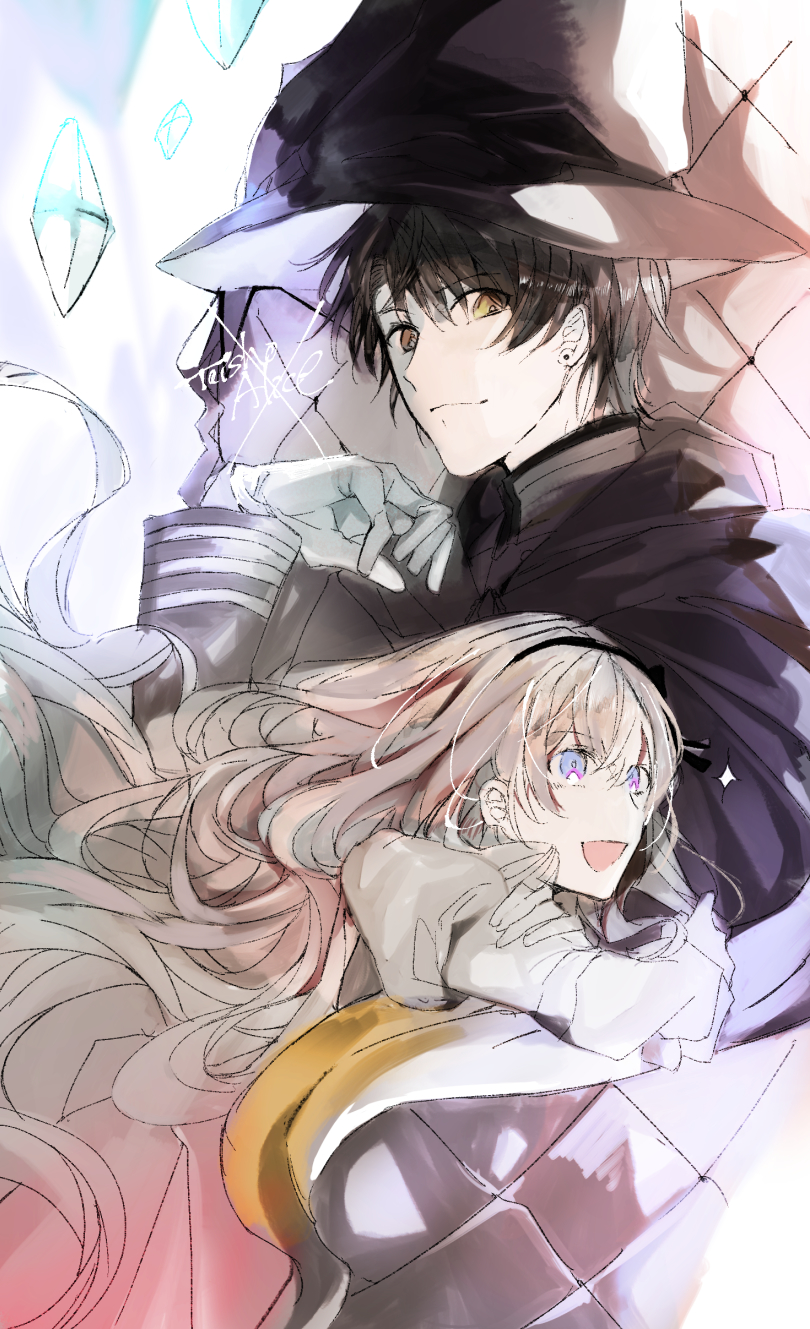 1boy, 1girl, arisu_yurika, black_cape, blue_eyes, brown_eyes, cape, gloves