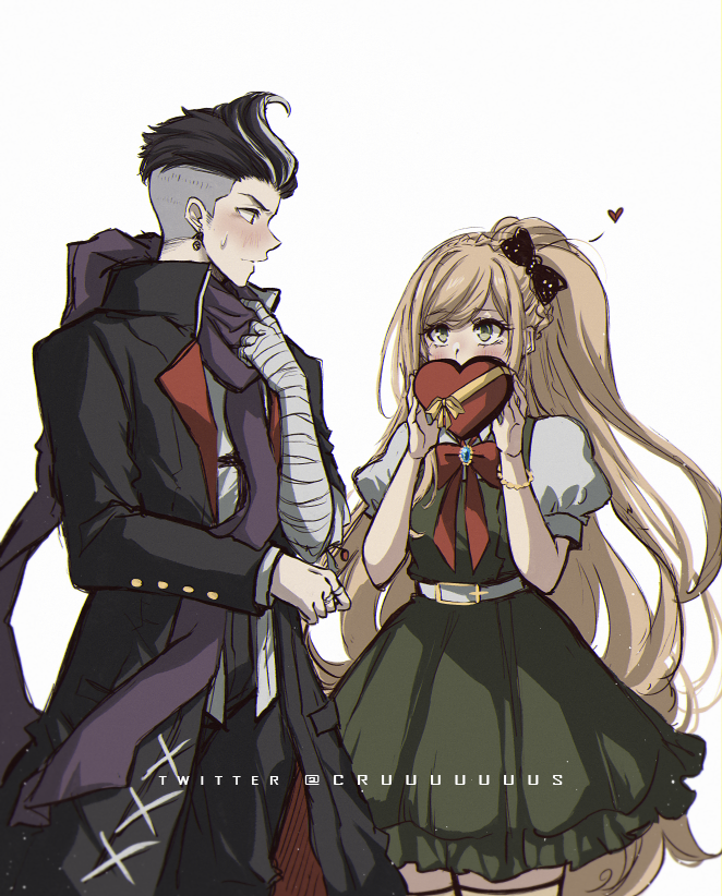 1boy, 1girl, bandaged_arm, bandages, bangs, belt, black_bow, black_hair