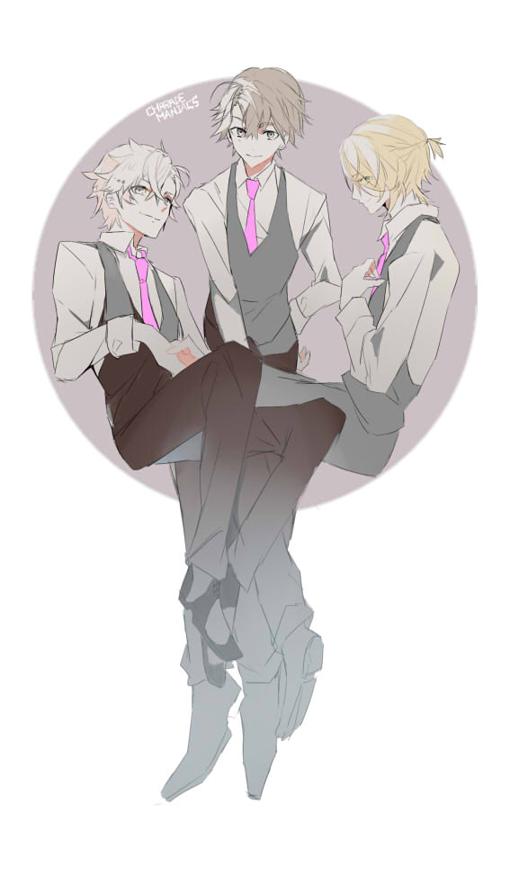 3boys, ahoge, akase_kyouya, blonde_hair, charade_maniacs, chigasaki_mamoru, facing_to_the_side, full_body