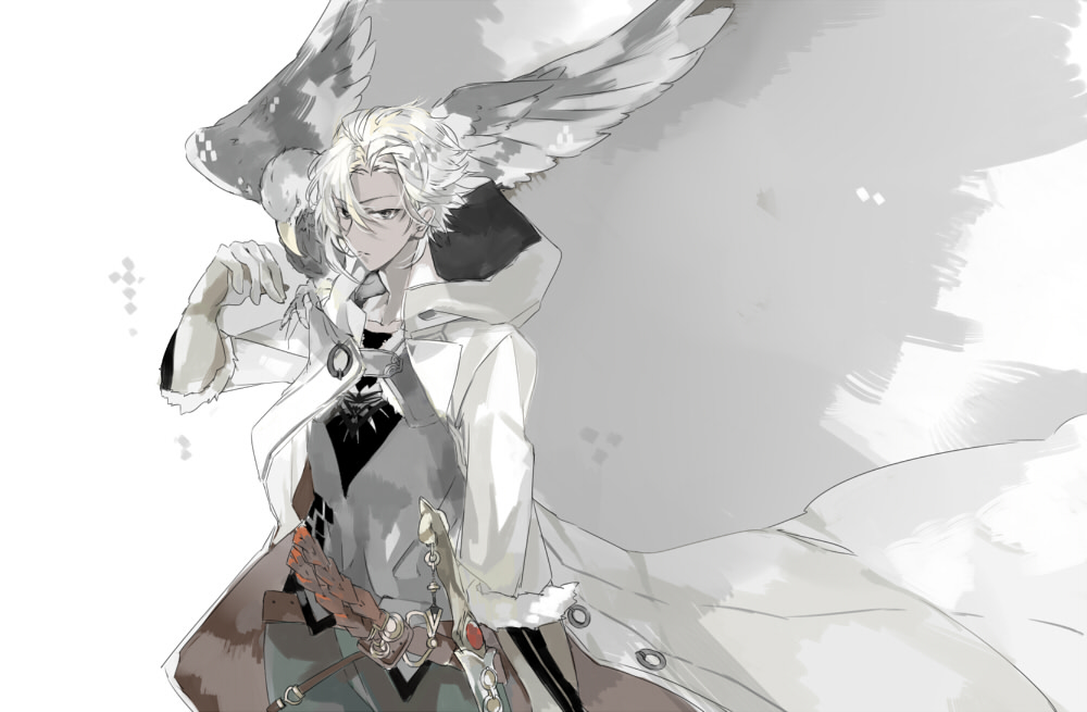 1boy, bird, black_shirt, cape, dark-skinned_male, dark_skin, frown, grey_eyes