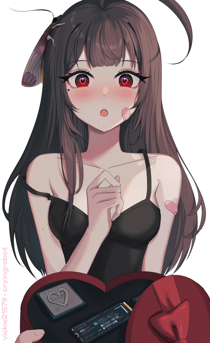 1girl, bandaid, bandaid_on_face, bangs, blush, box, breasts, brown_hair