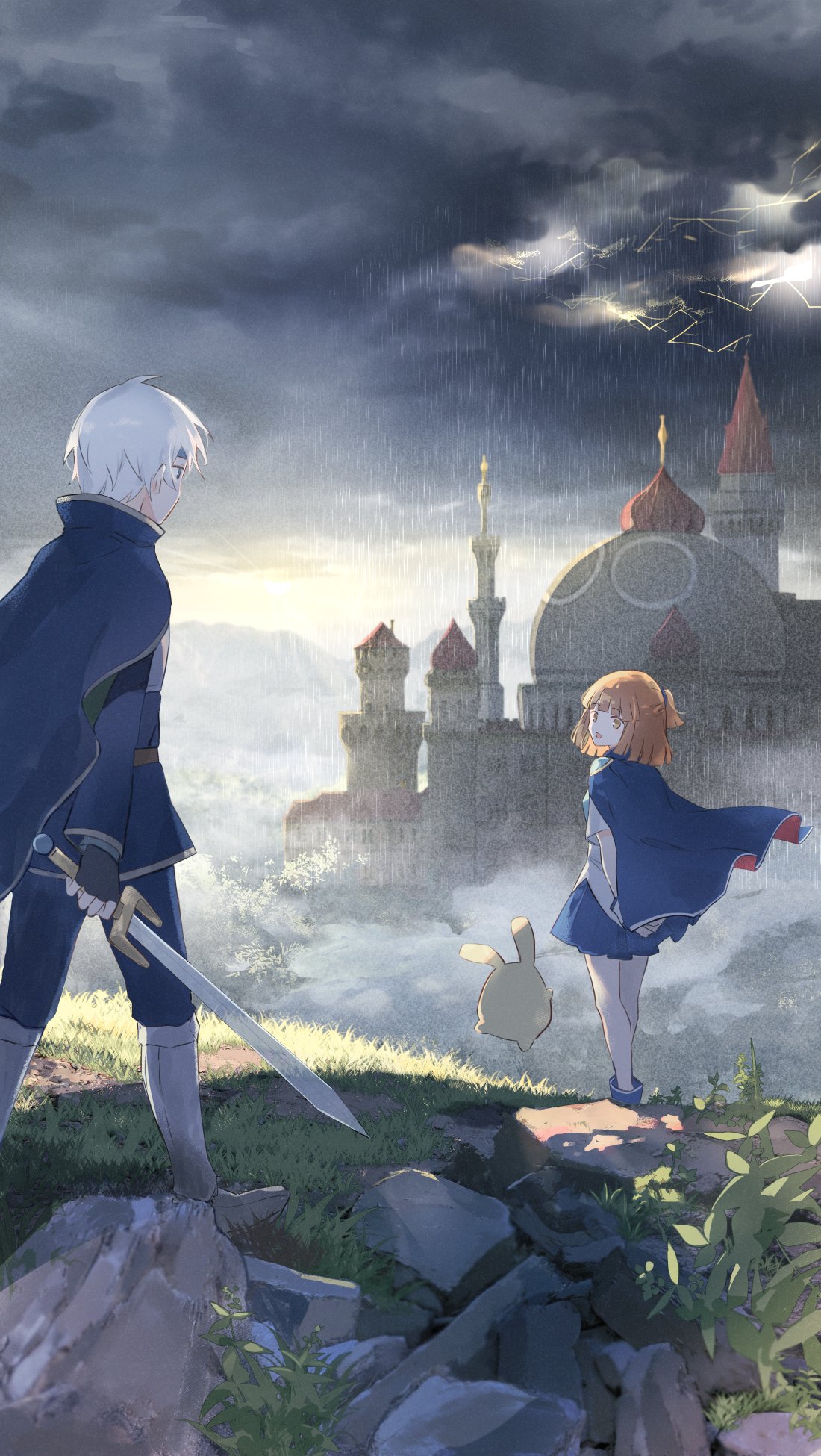 1boy, 1other, arle_nadja, blue_cape, blue_skirt, brown_hair, cape, carbuncle_(puyopuyo), castle, clouds, cloudy_sky, cross, hairband, highres, holding, holding_sword, holding_weapon, looking_at_another, madou_monogatari, mountain, ponytail, puyo_(puyopuyo), puyopuyo, saeko_pancat, schezo_wegey, skirt, sky, sword, thunder, weapon, white_hair, yellow_eyes
