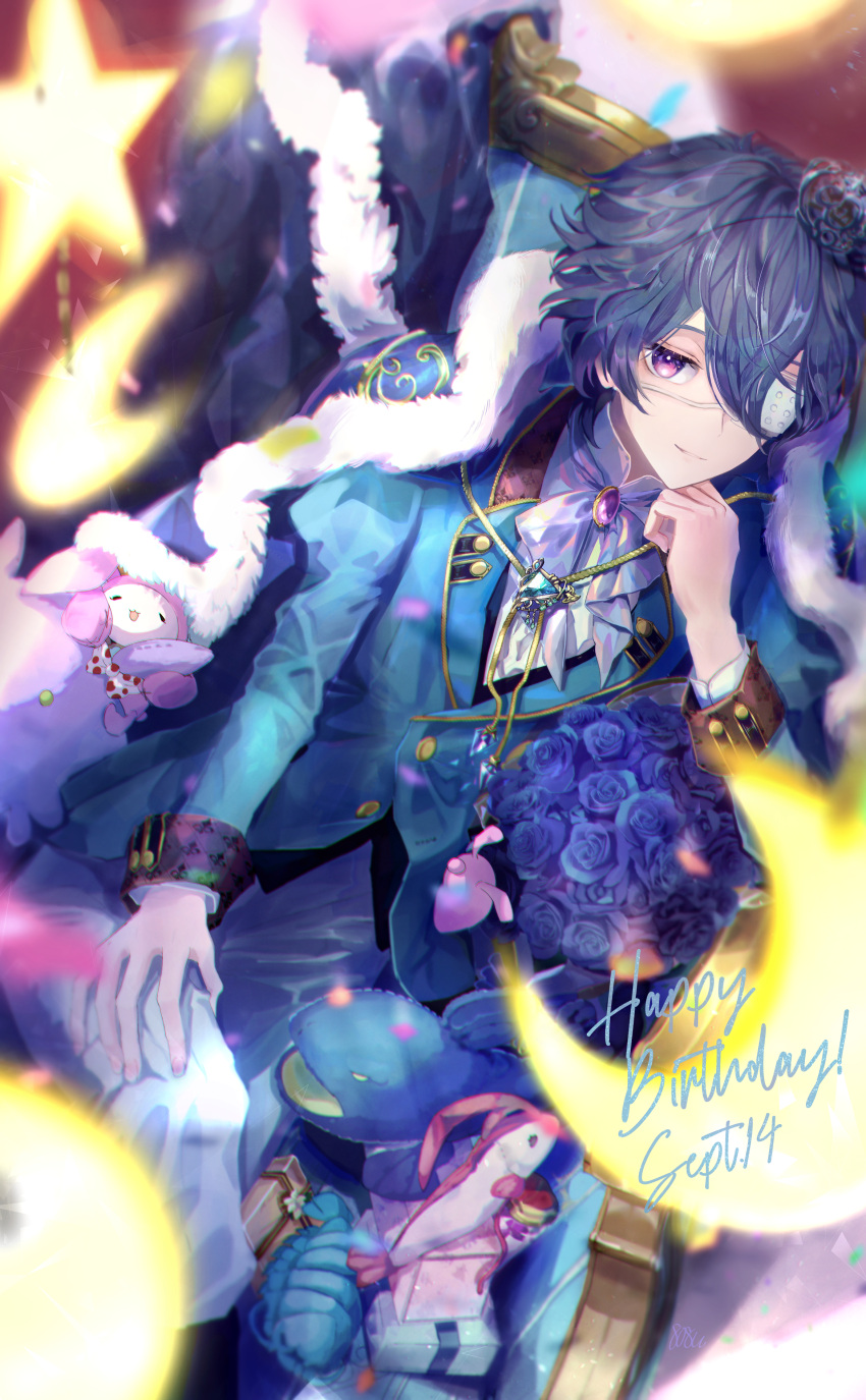 1boy, absurdres, ascot, blue_jacket, blue_pants, bouquet, crescent, eyepatch, flower, formal, highres, hinose_takeru, jacket, long_sleeves, looking_at_viewer, male_focus, one_eye_covered, ovoshchnoy, pants, parted_lips, purple_flower, purple_hair, purple_rose, rose, short_hair, smile, solo, sweet_clown, violet_eyes