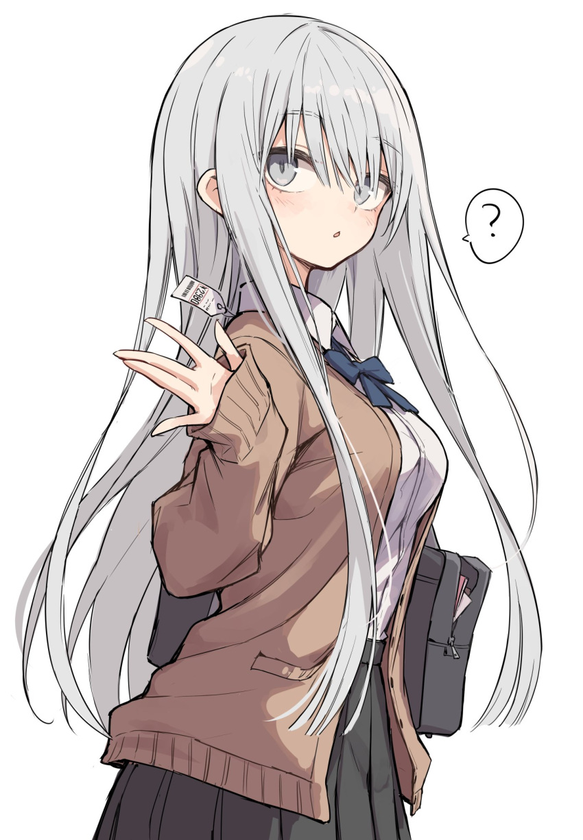 1girl, bag, blue_ribbon, cardigan, grey_eyes, grey_hair, grey_skirt, highres