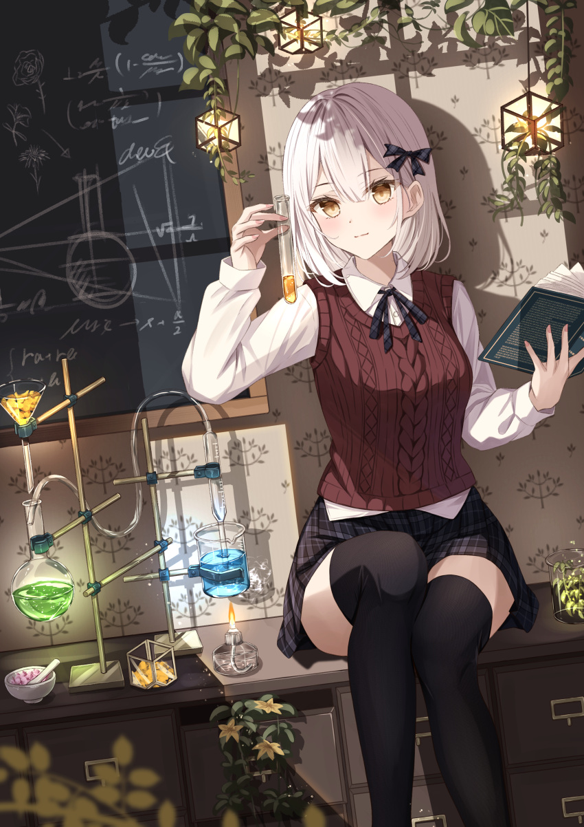 1girl, absurdres, beaker, black_bow, black_ribbon, black_skirt, black_thighhighs, blurry