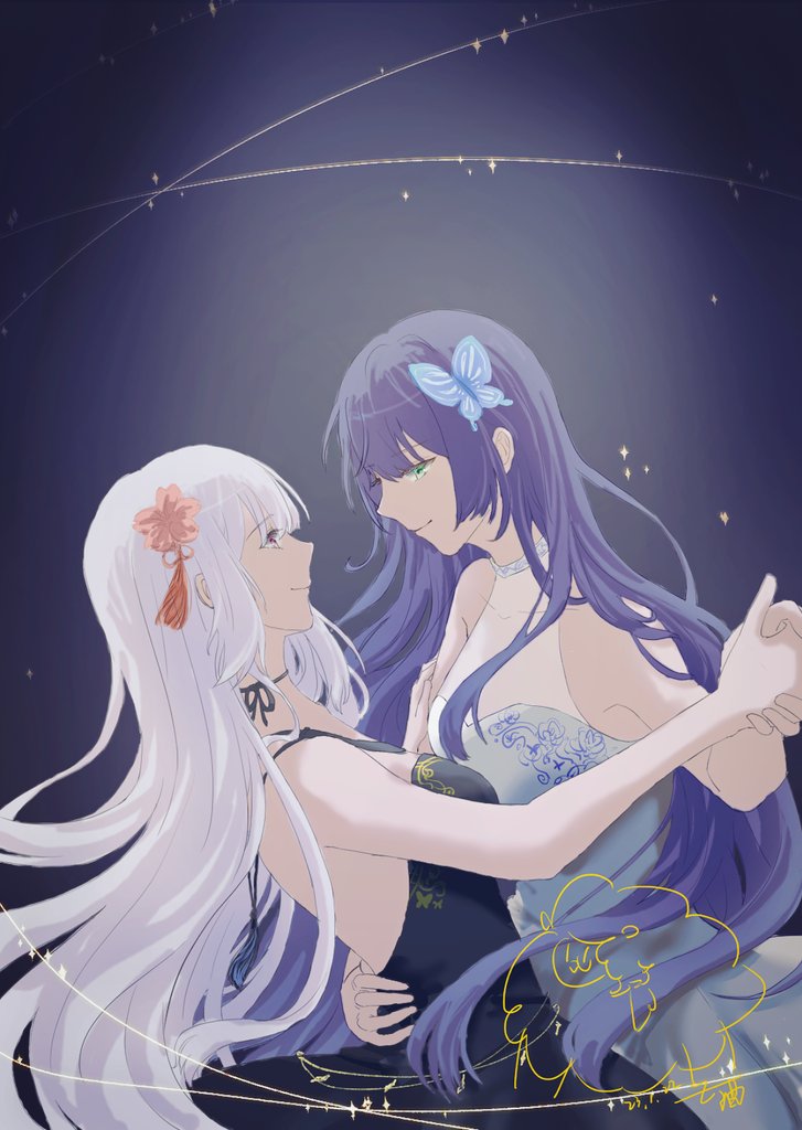 2girls, animal_print, arm_around_waist, artist_name, assault_lily, bangs, bare_arms, bare_shoulders, bing_bushi_ganmao_ling_z, black_background, black_choker, black_dress, breasts, butterfly_hair_ornament, butterfly_print, chinese_commentary, choker, closed_mouth, collarbone, commentary_request, cowboy_shot, dancing, dress, eye_contact, face-to-face, flower, from_side, funada_kiito, funada_ui, gradient_background, green_eyes, grey_background, grey_dress, hair_between_eyes, hair_flower, hair_ornament, halter_dress, halterneck, hand_on_another's_arm, hand_on_another's_back, hand_up, holding_hands, long_hair, looking_at_another, medium_breasts, multiple_girls, pink_eyes, pink_flower, print_dress, profile, purple_hair, ribbon_choker, see-through, siblings, signature, sisters, sleeveless, sleeveless_dress, smile, sparkle, standing, tassel, tassel_hair_ornament, very_long_hair, white_hair