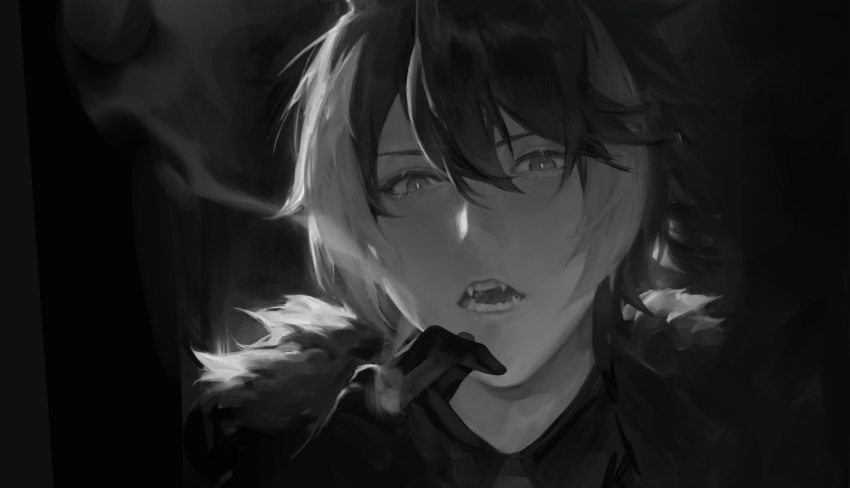 1boy, black_background, cigar, collared_shirt, fangs, fur-trimmed_jacket, fur_trim, gloves