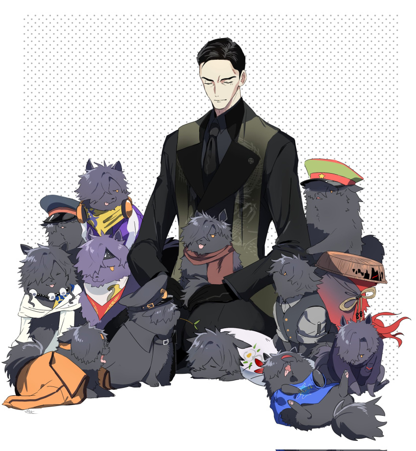 1boy, animal, animal_on_lap, animalization, arts_shirt, bead_necklace, beads, black_cape