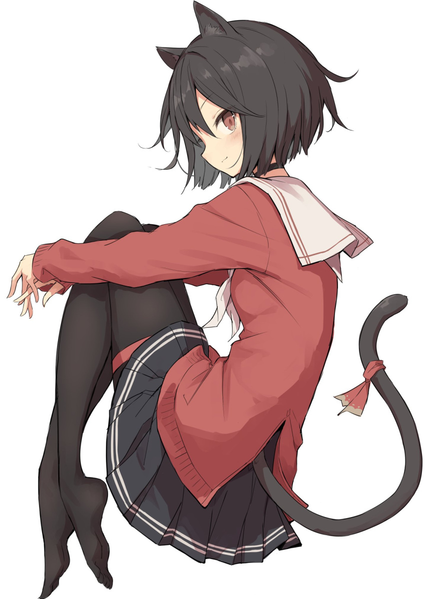 1girl, animal_ears, black_hair, brown_eyes, cat_ears, cat_tail, choker, eyebrows_hidden_by_hair, from_side, hair_between_eyes, highres, hugging_own_legs, knees_to_chest, light_smile, looking_at_viewer, no_shoes, original, pantyhose, rakutarou_(rakutpi), red_ribbon, red_sweater, ribbon, sailor_collar, school_uniform, short_hair, simple_background, skirt, solo, sweater, tail, tail_ornament, tail_ribbon, thigh_strap, white_background