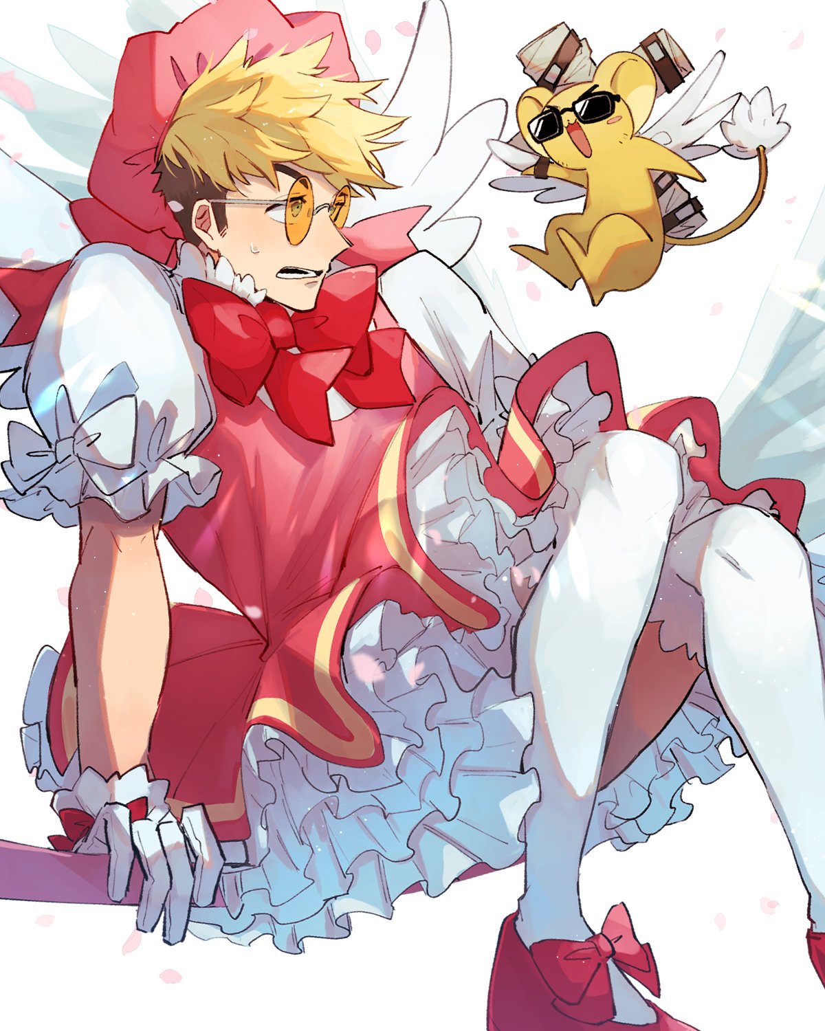 2boys, bow, cardcaptor_sakura, cosplay, cross, crossover, dress, gloves