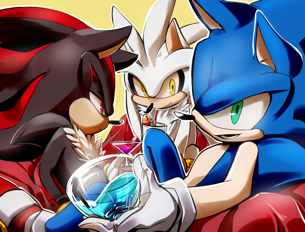 3boys, animal_ears, animal_nose, black_fur, blue_fur, body_fur, bracelet, closed_mouth, couch, cup, drink, food, fruit, furry, furry_male, glass, gloves, gold_bracelet, green_eyes, half-closed_eyes, hand_up, hedgehog, hedgehog_ears, holding, holding_cup, jewelry, lenmeu, looking_at_another, looking_at_viewer, looking_to_the_side, male_focus, multiple_boys, open_mouth, orange_(fruit), orange_slice, red_eyes, red_footwear, red_fur, shadow_the_hedgehog, shoes, silver_the_hedgehog, simple_background, sitting, smile, sneakers, socks, sonic_(series), sonic_the_hedgehog, teeth, two-tone_fur, white_fur, white_gloves, white_socks, yellow_background, yellow_eyes