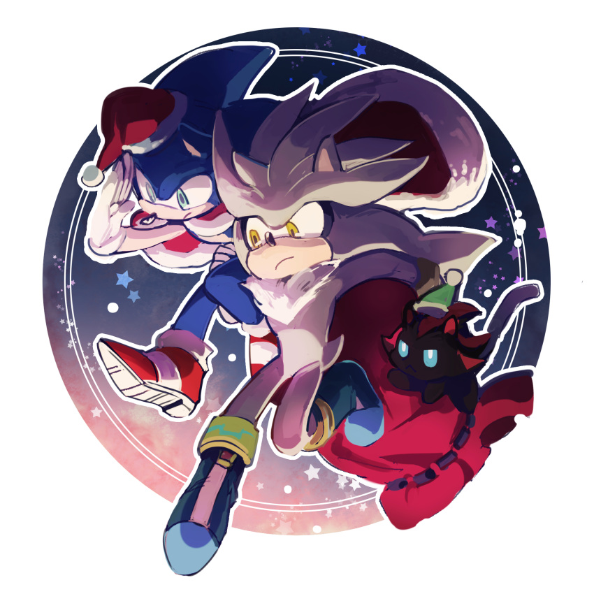 1other, 2boys, animal_ears, animal_nose, arm_up, bag, black_fur, blue_eyes