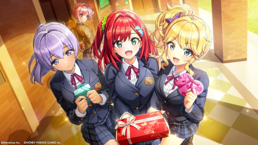4girls, blonde_hair, blue_eyes, box, collared_shirt, dark-skinned_female, dark_skin, dolphin_wave