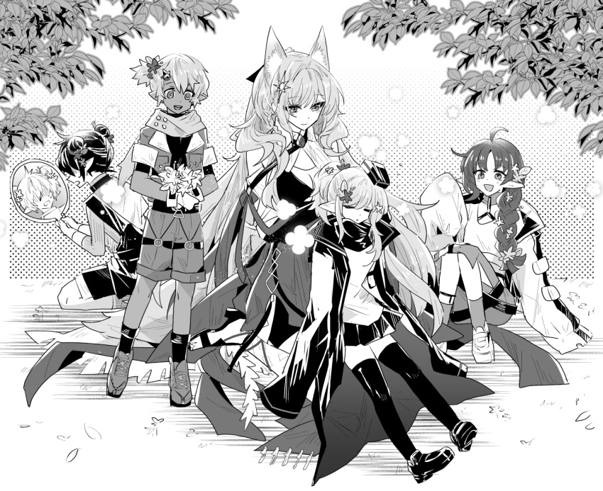 2boys, 3girls, ahoge, animal_ears, arknights, braid, chestnut_(arknights), closed_eyes, commentary, durin_(arknights), flower, hair_flower, hair_ornament, hand_mirror, height_difference, holding, holding_flower, holding_mirror, iwashi_80, leaf, long_hair, looking_at_mirror, minimalist_(arknights), mirror, multiple_boys, multiple_girls, myrtle_(arknights), open_mouth, pointy_ears, pozyomka_(arknights), shoes, single_braid, sitting, sitting_on_lap, sitting_on_person, sleeping, sleeping_upright, smile, symbol-only_commentary, turn_pale, zettai_ryouiki