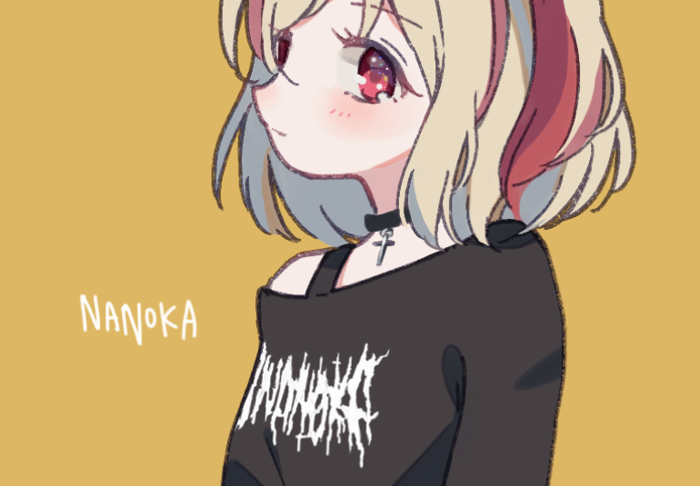 1girl, :|, alternate_costume, alternate_hair_color, black_choker, black_shirt, blonde_hair, blush