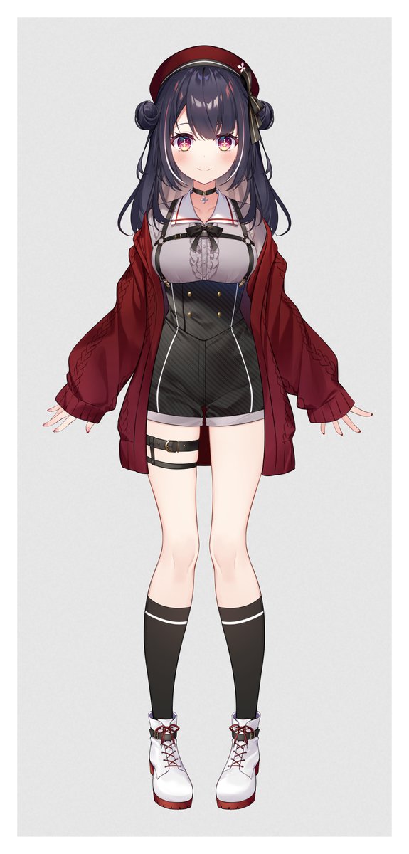 1girl, belt, black_choker, black_hair, black_ribbon, black_shorts, black_socks, blush