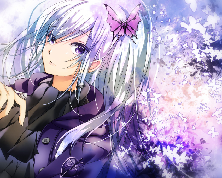 07touka25, 1girl, ascot, black_ascot, bug, butterfly, butterfly_hair_ornament, butterfly_wings