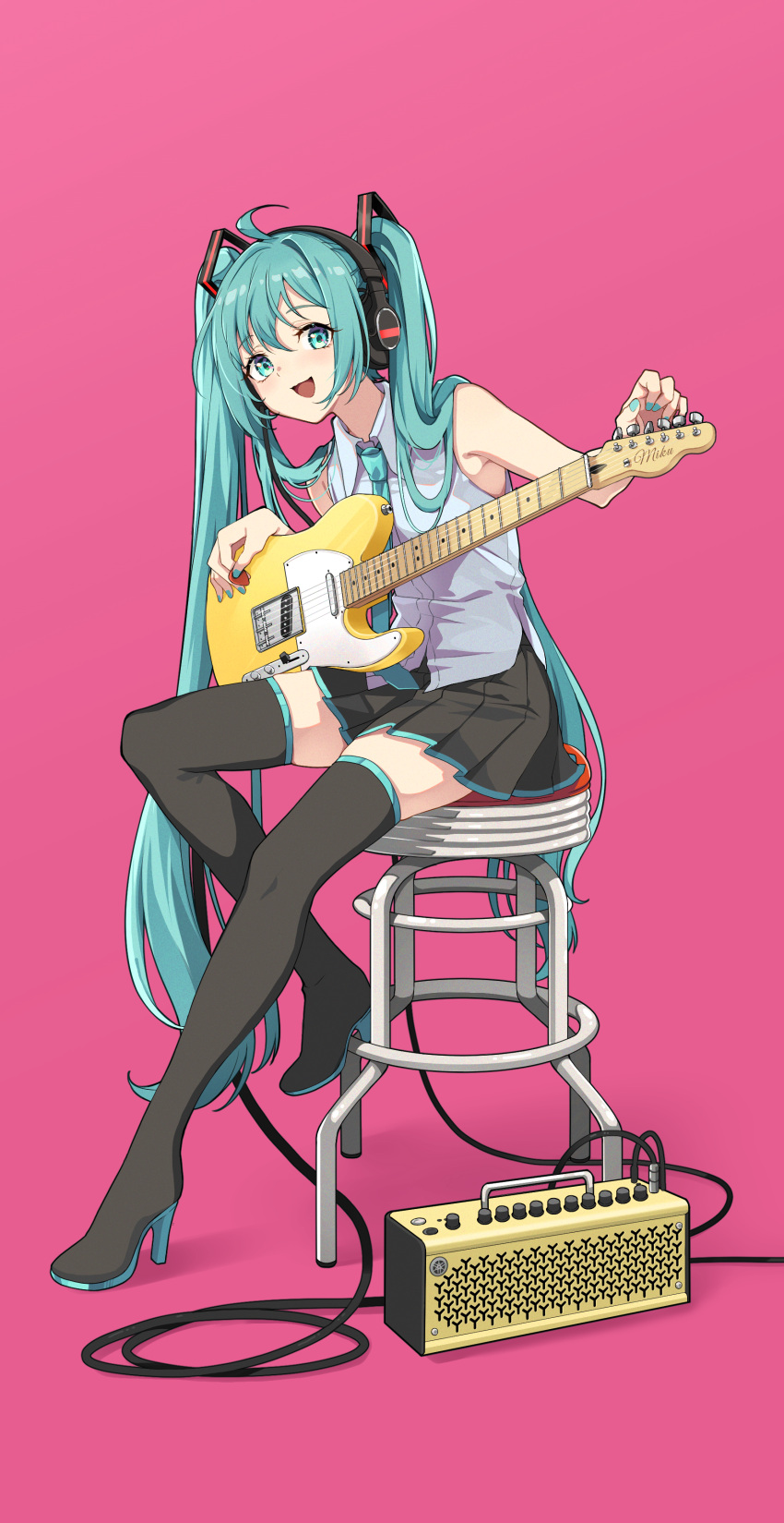 1girl, absurdres, amplifier, aqua_eyes, aqua_hair, black_footwear, boots, electric_guitar