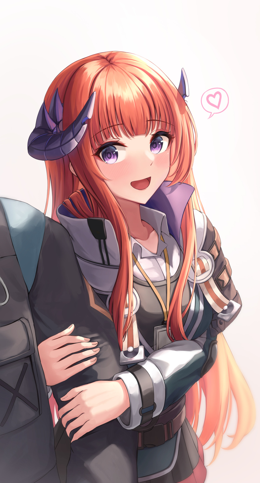 1boy, 1girl, 1other, :d, absurdres, arknights, arm_hug, bagpipe_(arknights)