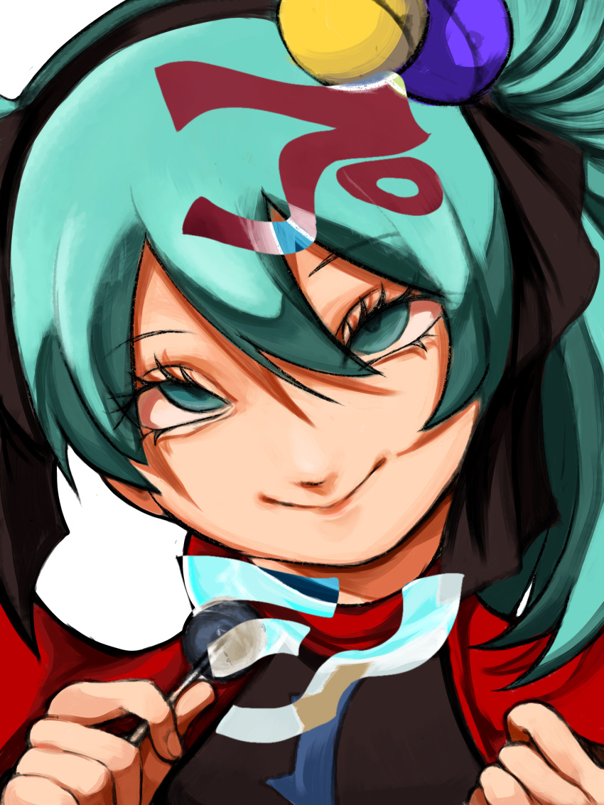 1girl, :>, absurdres, aqua_eyes, aqua_hair, black_dress, black_hairband, black_ribbon