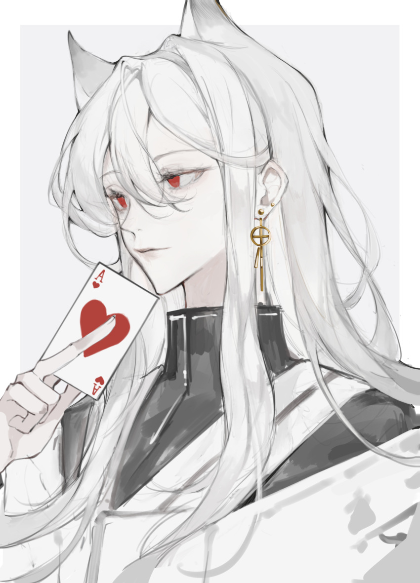 1boy, absurdres, albino, bishounen, colored_skin, highres, holding, long_hair, male_focus, pale_skin, piaoey, red_eyes, solo, thriller_trainee, white_skin, zong_jiu