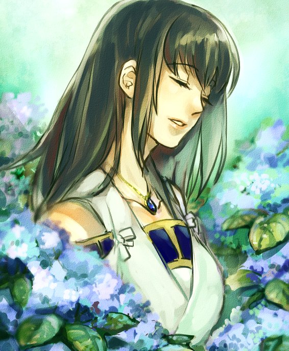 1girl, black_hair, breasts, collarbone, detached_sleeves, flower, gensou_suikoden, ikunosake