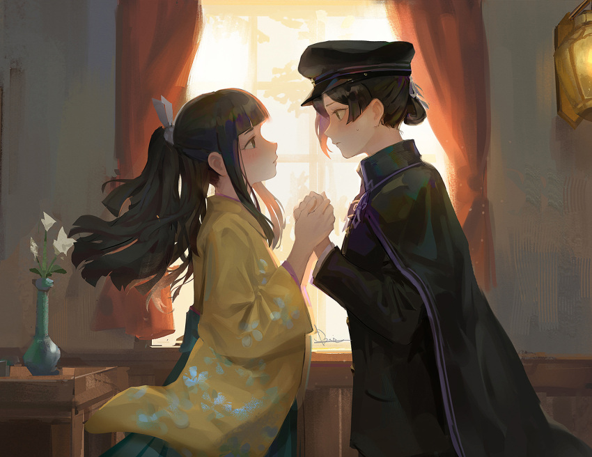 2girls, ace_attorney, black_capelet, black_hair, black_jacket, capelet, curtains, floral_print
