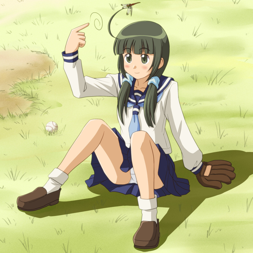 baseball, baseball_mitt, blush, dragonfly, green_eyes, green_hair, highres, kikusaka_kochou