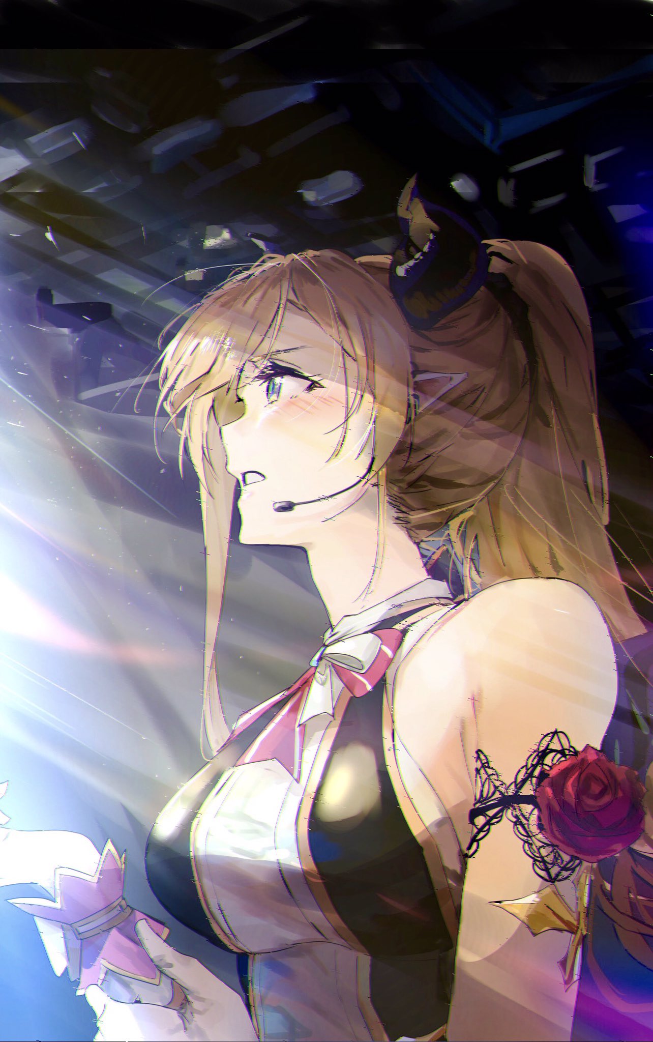 1girl, bare_shoulders, blonde_hair, blush, bow, bowtie, breasts, commentary