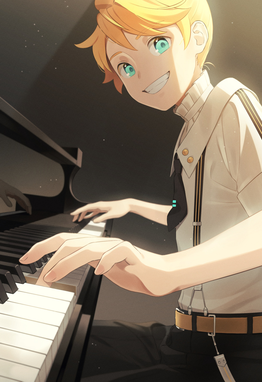 absurdres, aqua_eyes, belt, black_necktie, black_pants, blonde_hair, blurry, bon_bon_eee