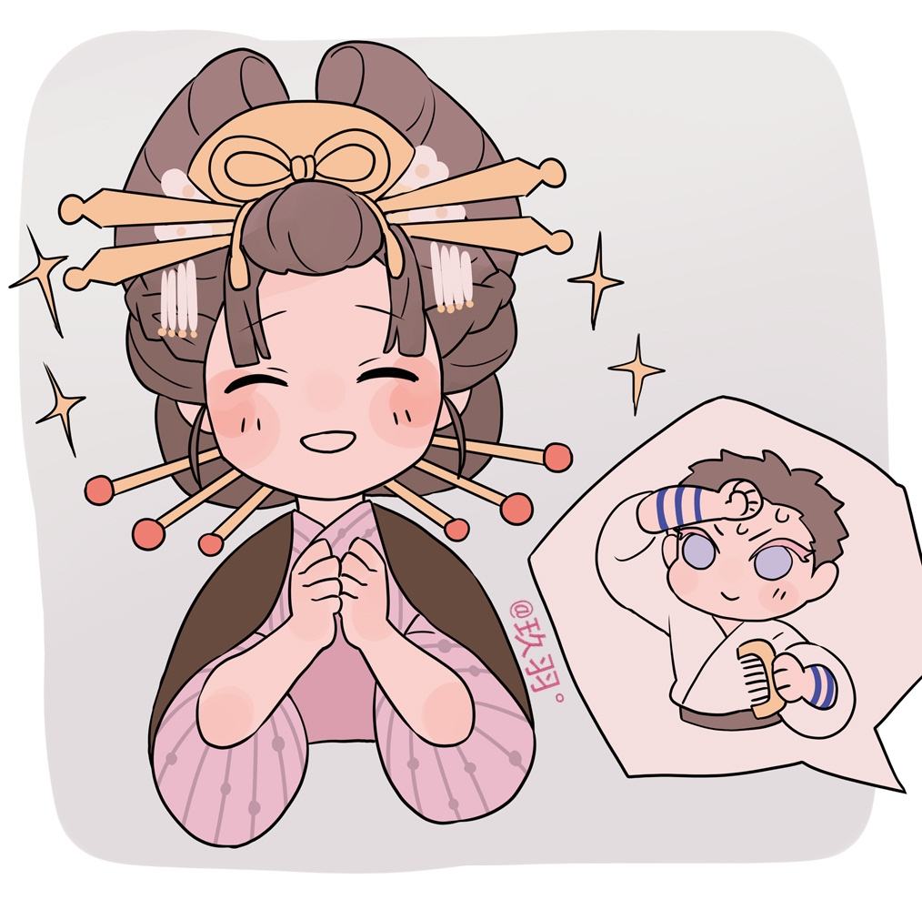 1boy, 1girl, alternate_hairstyle, arm_tattoo, black_hair, blue_eyes, chibi, comb