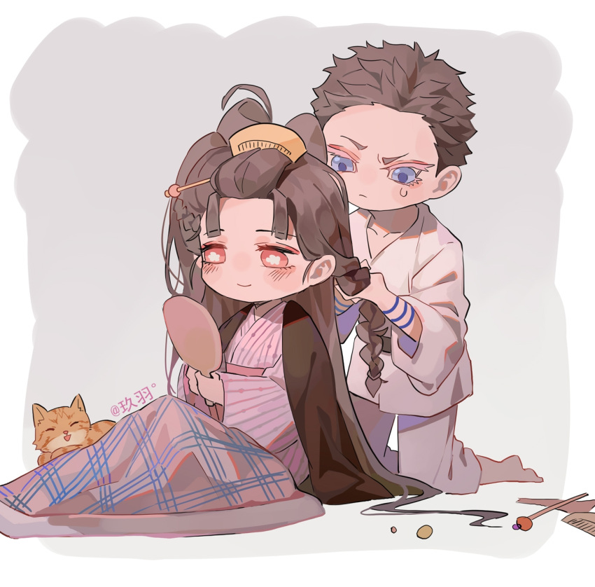 1boy, 1girl, alternate_hairstyle, animal, barefoot, black_coat, black_hair, blanket