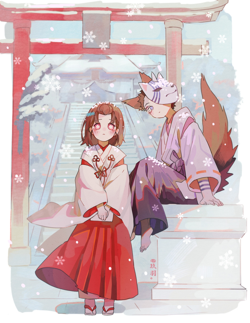 1boy, 1girl, alternate_hair_length, alternate_hairstyle, animal_ears, arm_tattoo, barefoot, blue_eyes