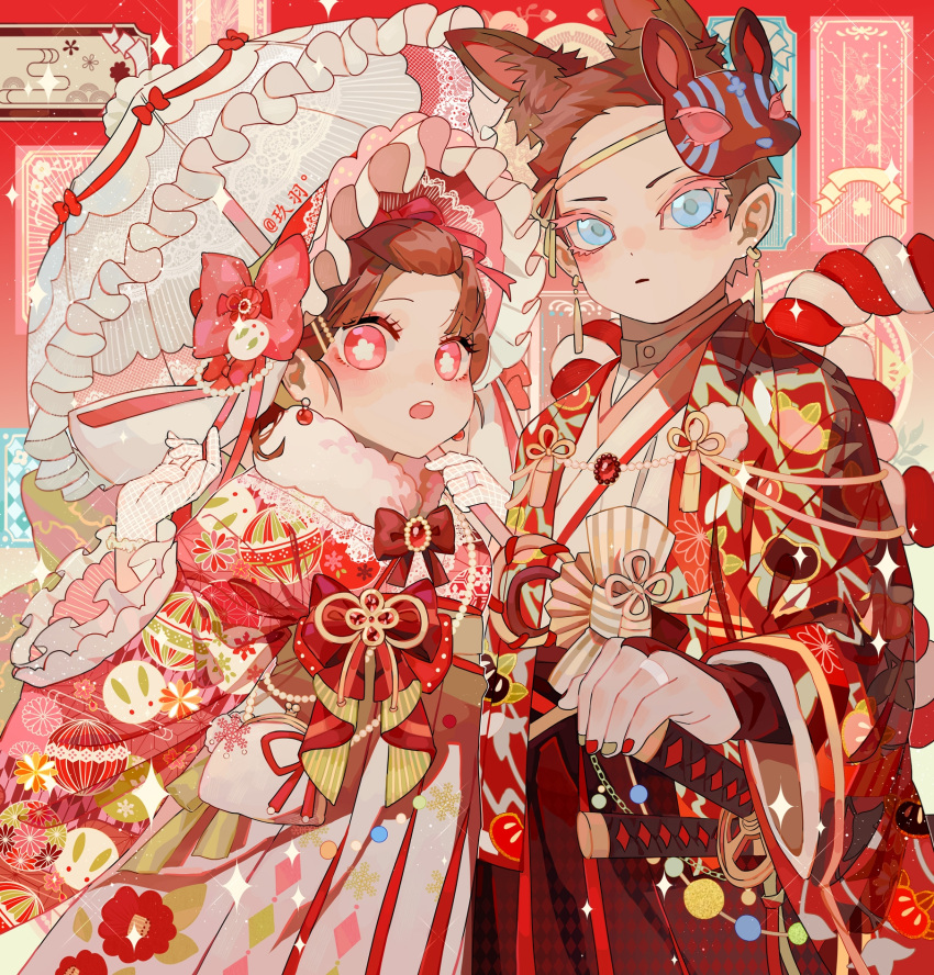 1boy, 1girl, animal_ears, bag, ball, bead_necklace, beads, black_bow